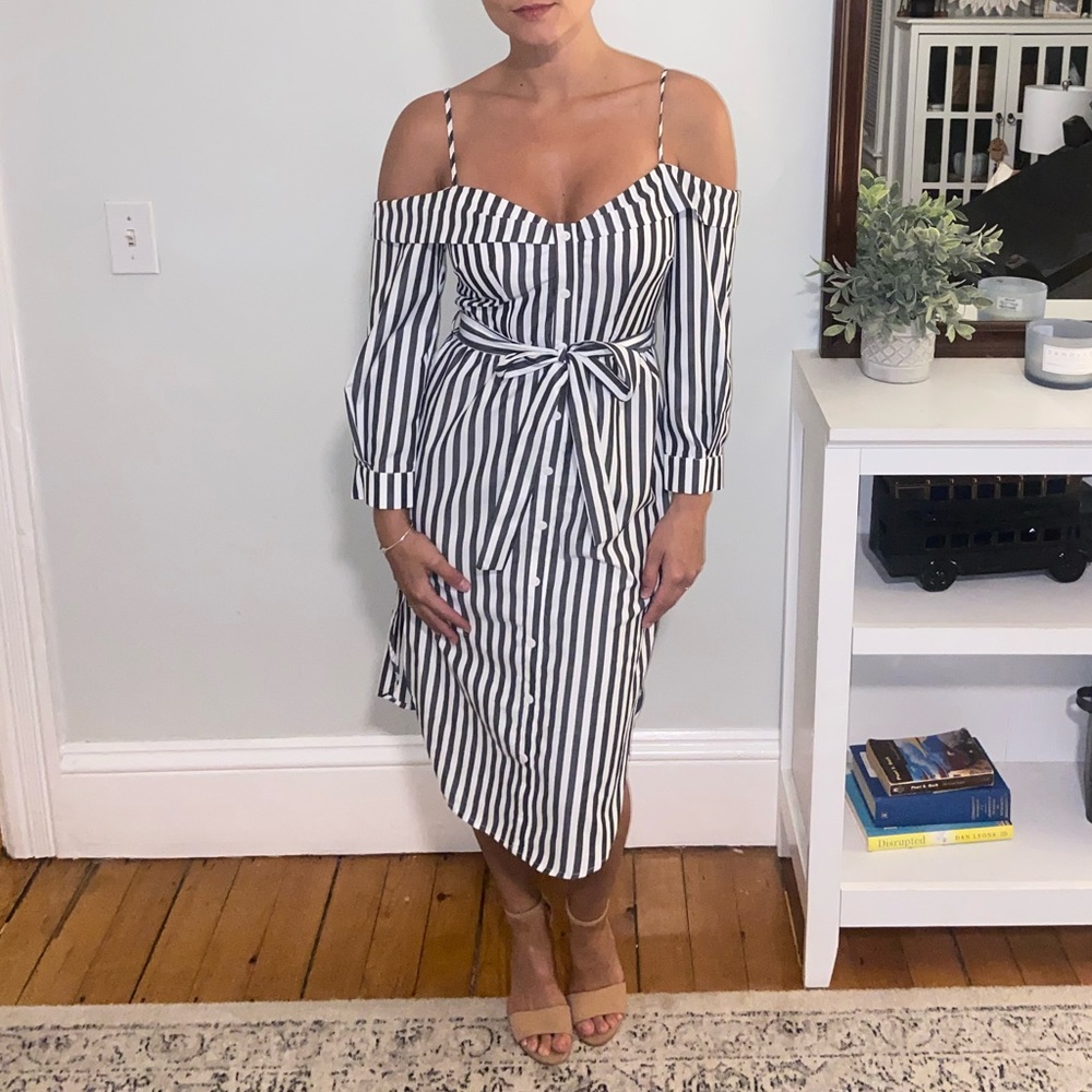 Pinstripe coastal off the sleeve dress